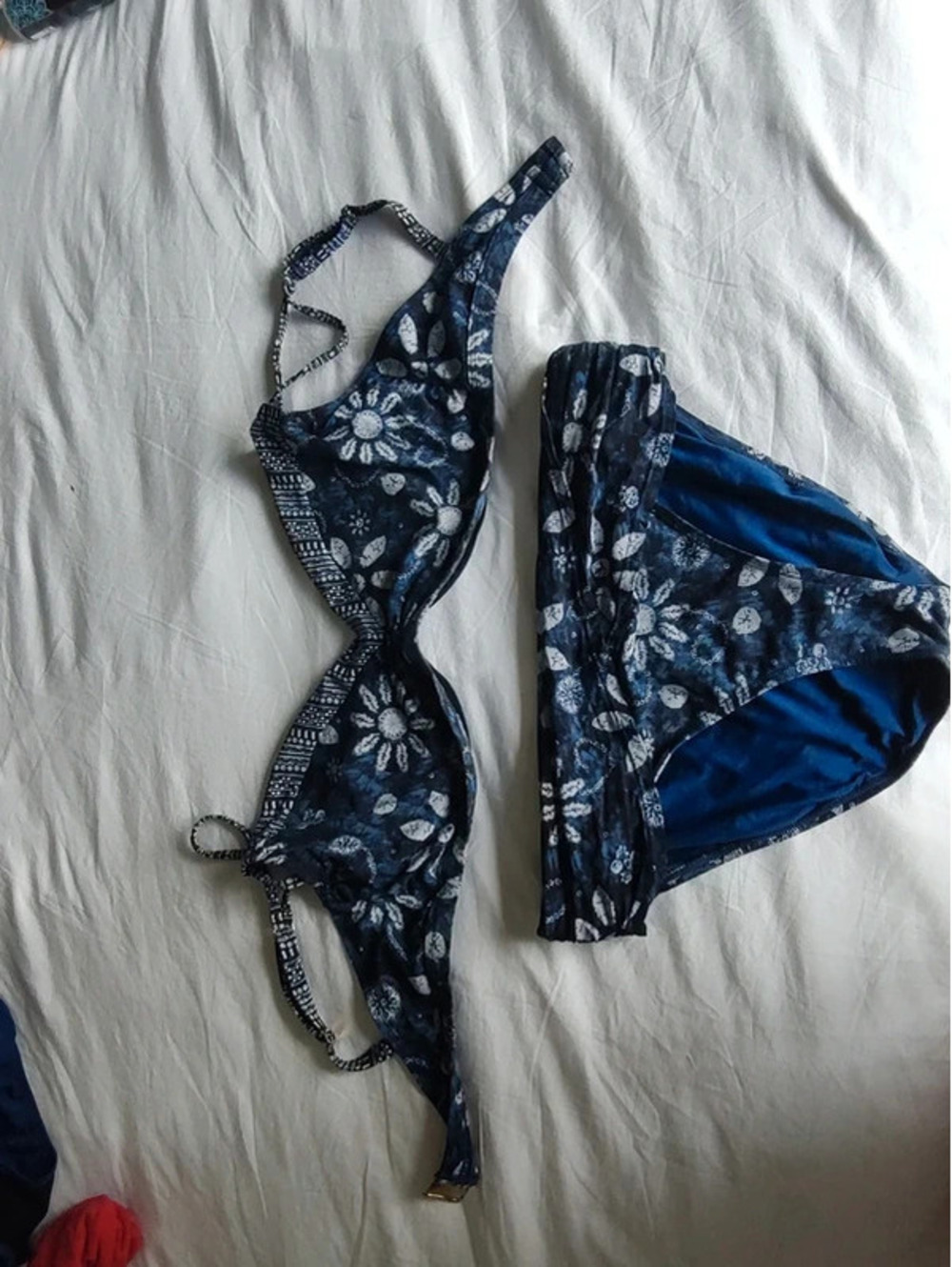 Blue Floral Patterned Bikini Set Size 14 with Bra Cup 40D